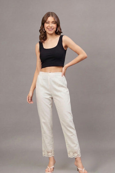 Ivory Floral Scallop Cotton Flex Lace Pants
