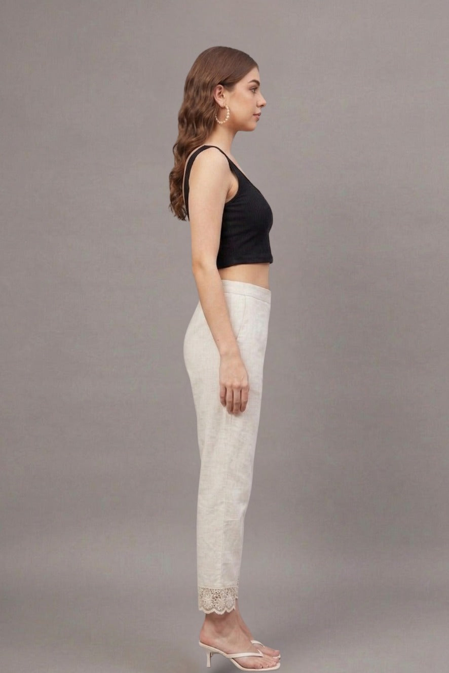 Ivory Floral Scallop Cotton Flex Lace Pants