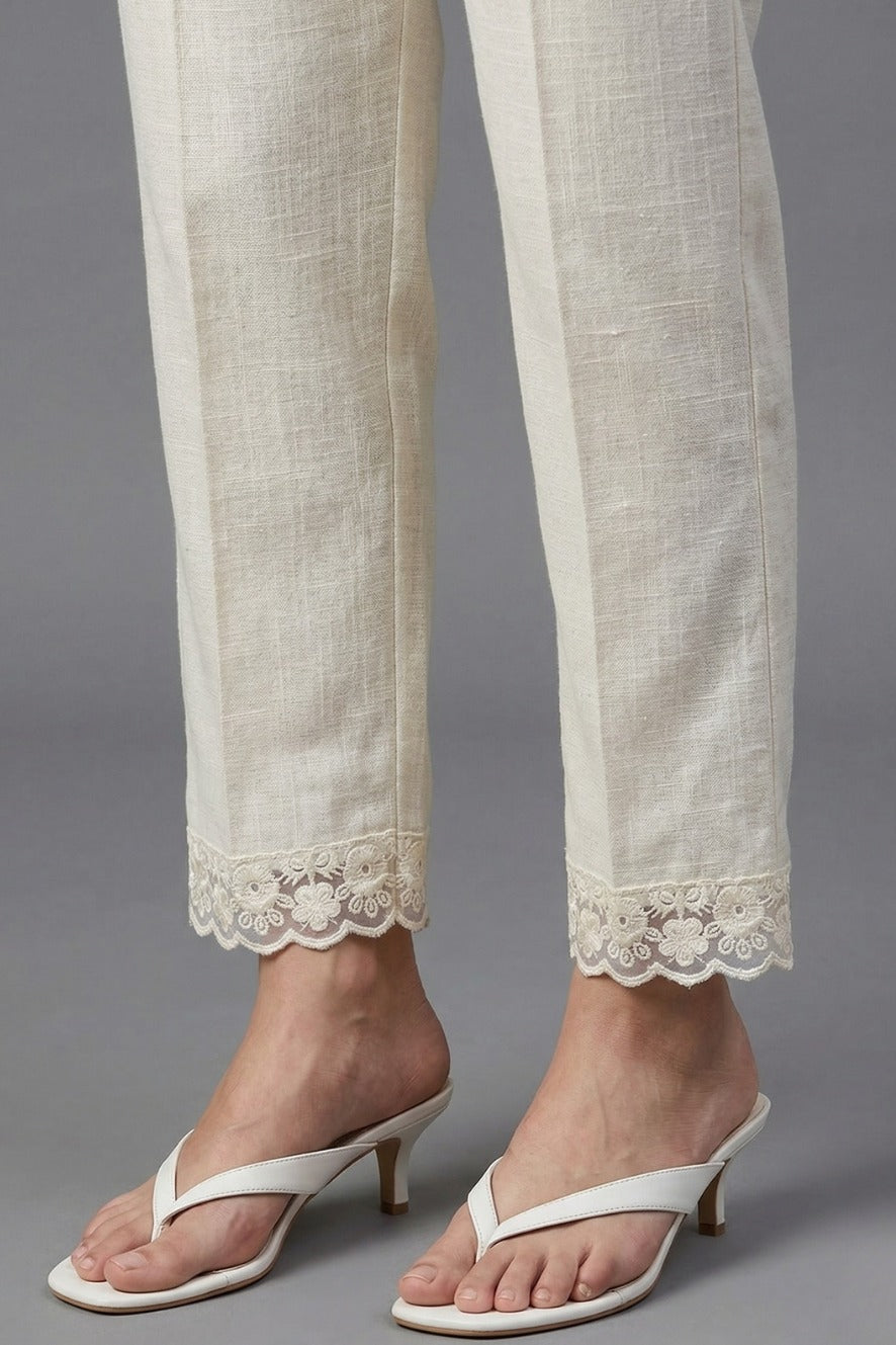Ivory Floral Scallop Cotton Flex Lace Pants
