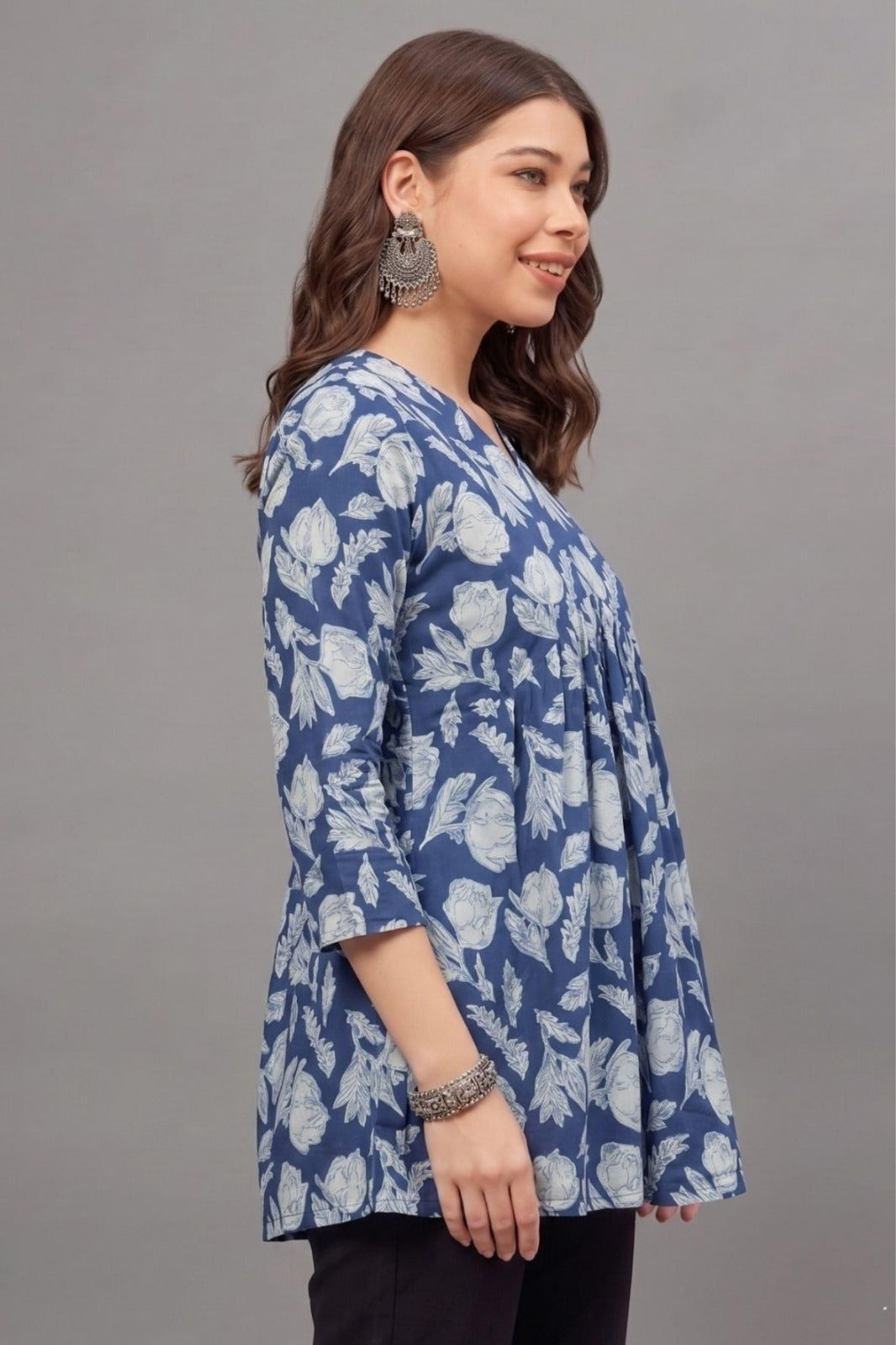 Cottton Blue leaf Everyday Printed Short Kurti