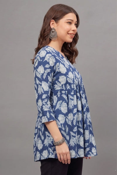 Cottton Blue leaf Everyday Printed Short Kurti