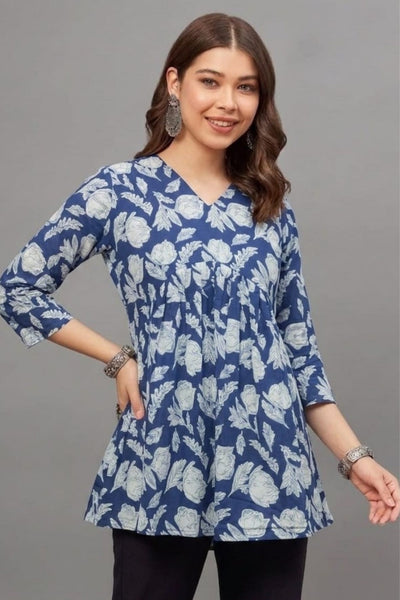 Cottton Blue leaf Everyday Printed Short Kurti