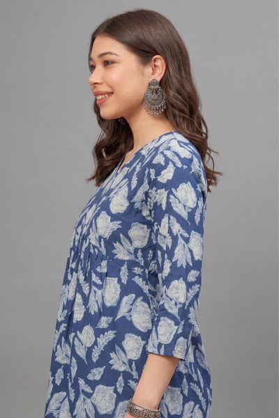 Cottton Blue leaf Everyday Printed Short Kurti