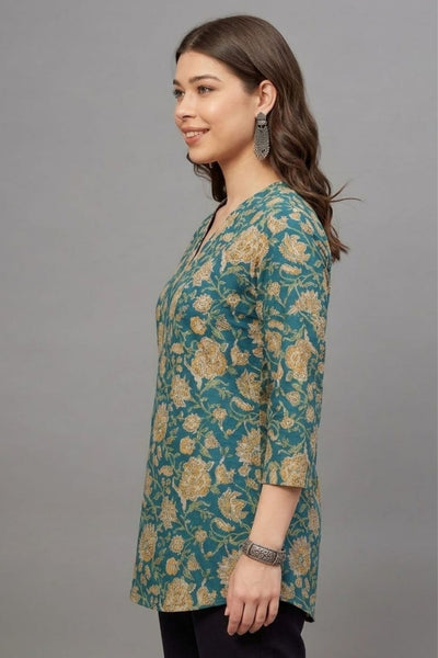 Cotton Teal Gold Printed Short  Kurti