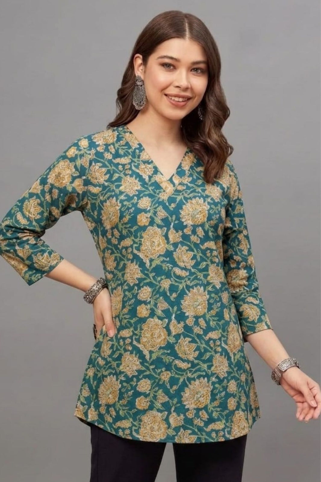 Cotton Teal Gold Printed Short  Kurti