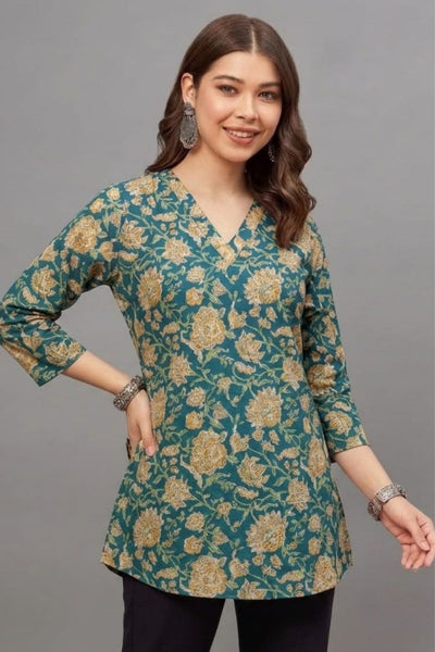 Cotton Teal Gold Printed Short  Kurti