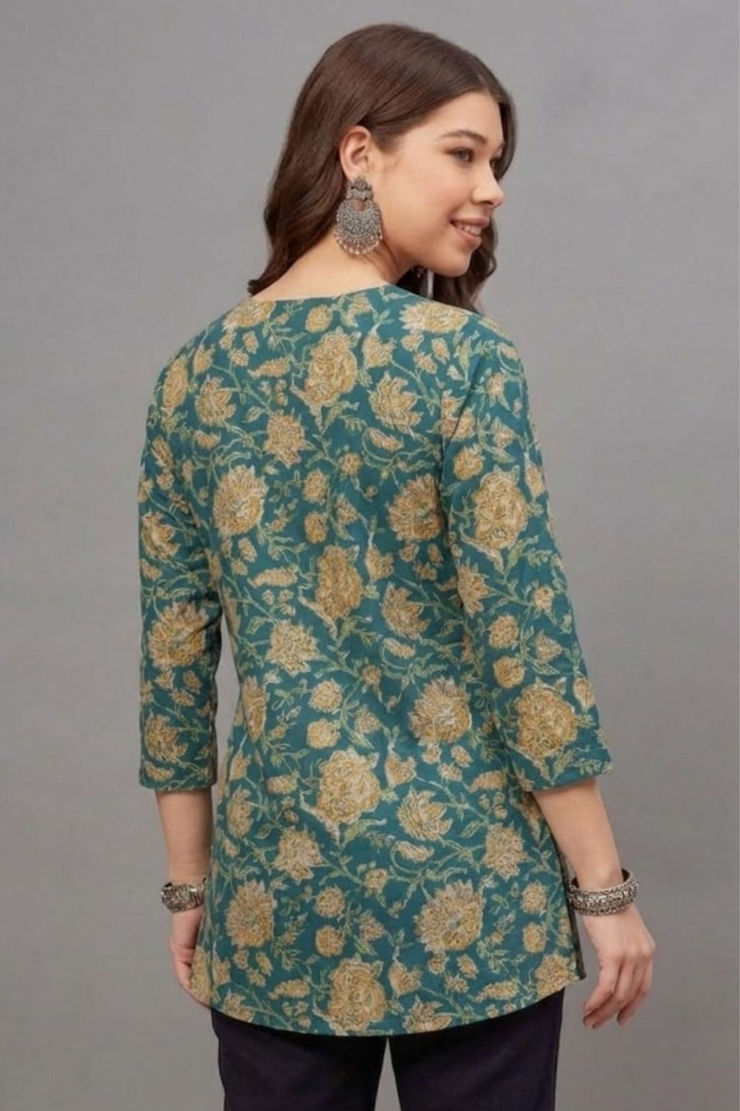 Cotton Teal Gold Printed Short  Kurti