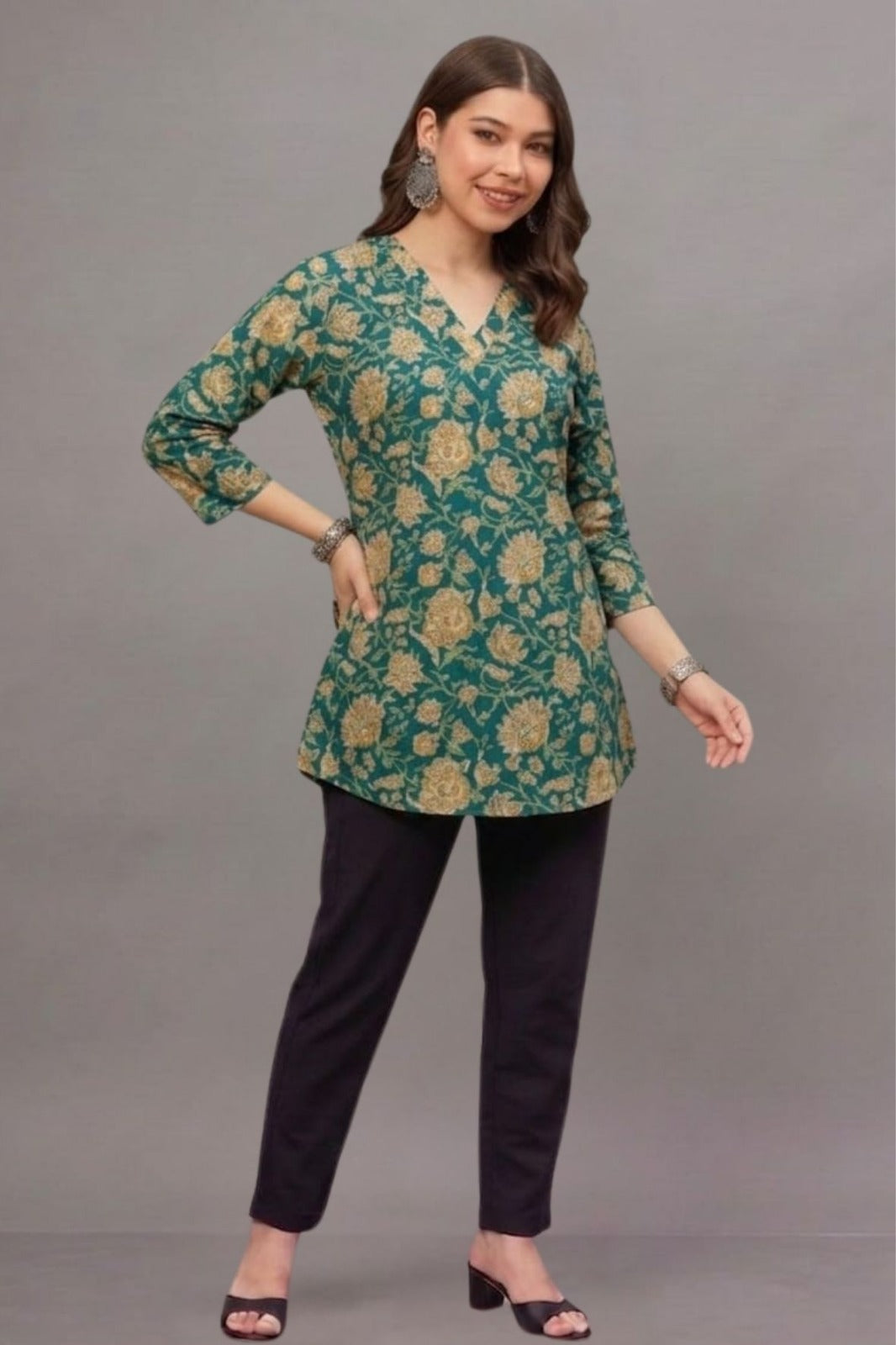 Cotton Teal Gold Printed Short  Kurti