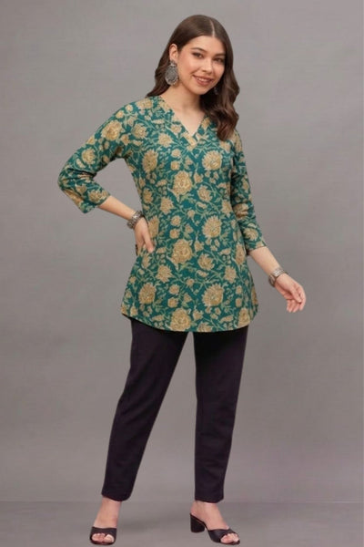 Cotton Teal Gold Printed Short  Kurti