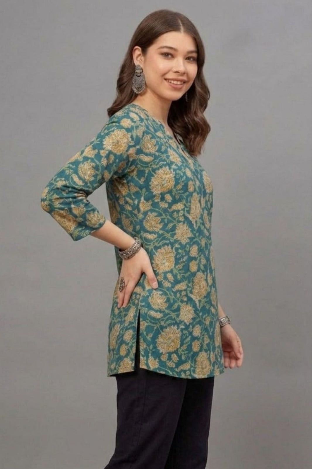 Cotton Teal Gold Printed Short  Kurti