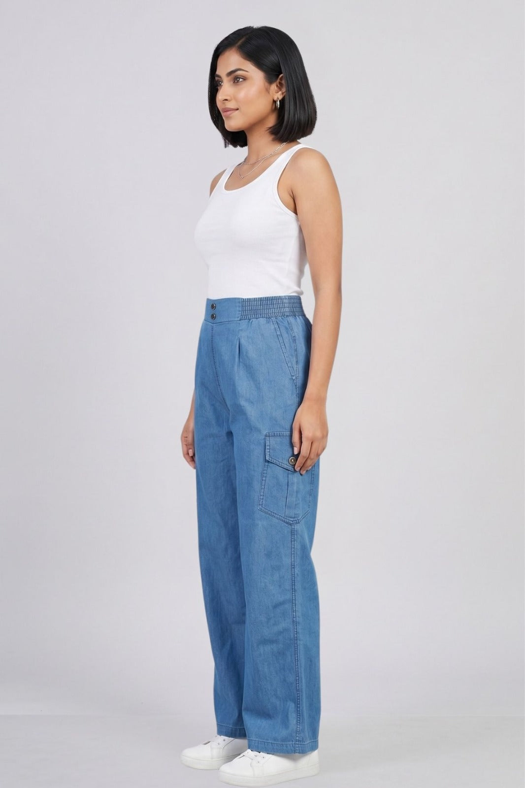 Stone Double Button Denim Cargo Pants