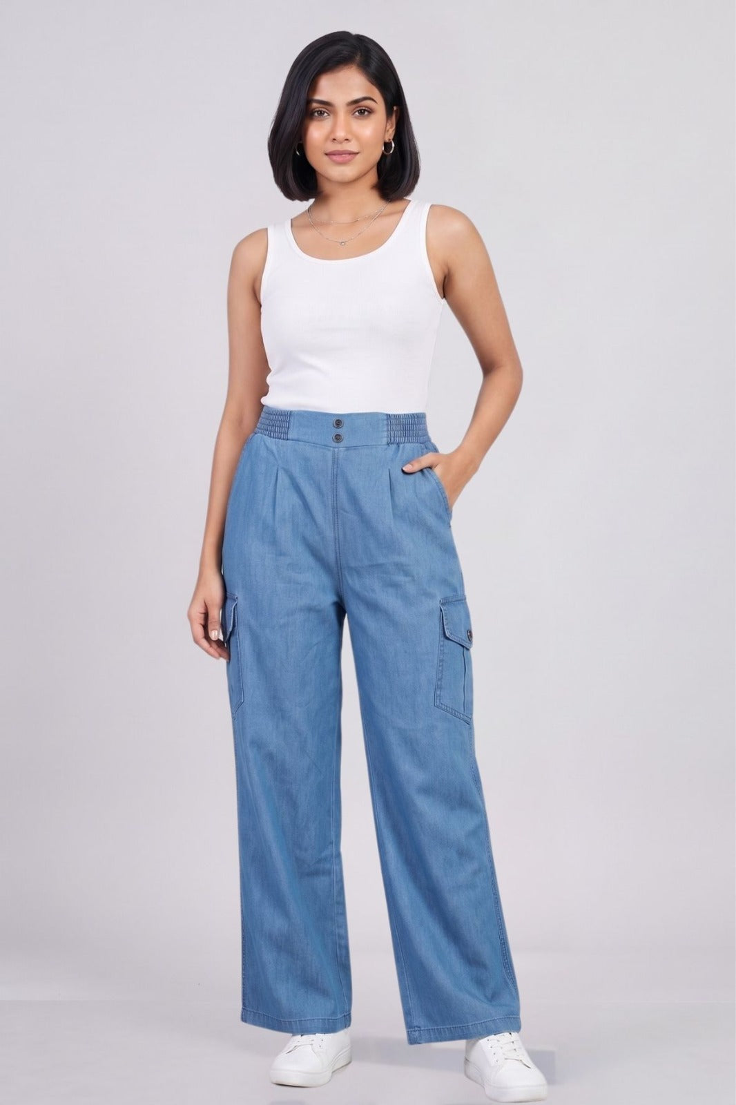 Stone Double Button Denim Cargo Pants
