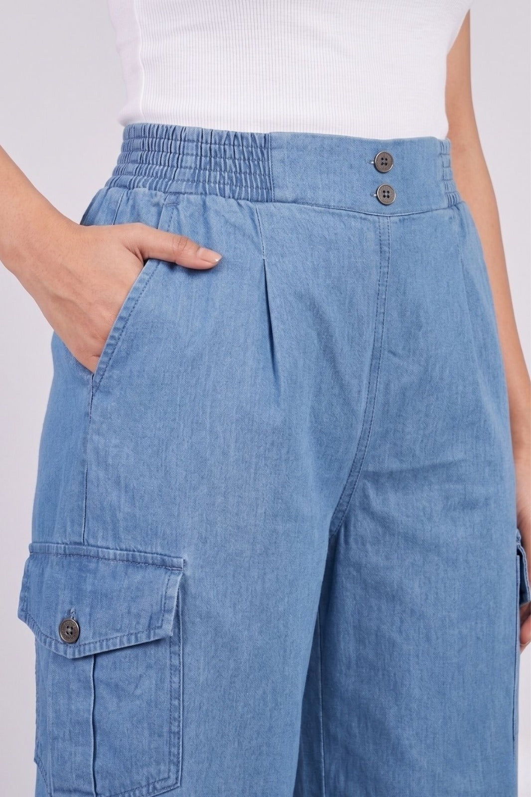 Stone Double Button Denim Cargo Pants
