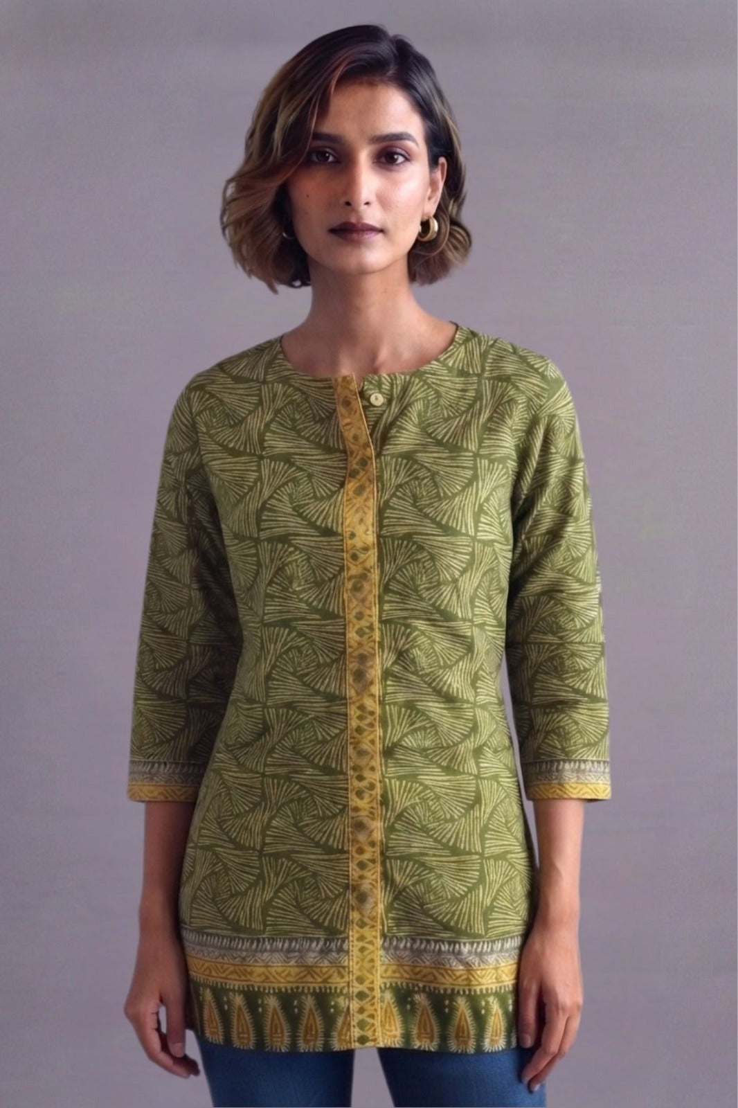 Olive Leaf Print Straight Kurti