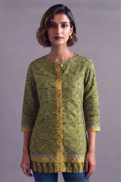 Olive Leaf Print Straight Kurti