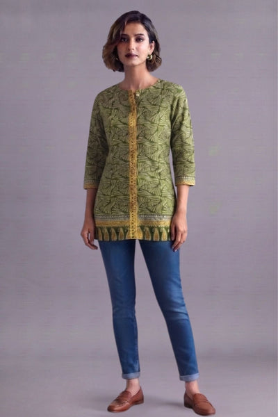 Olive Leaf Print Straight Kurti