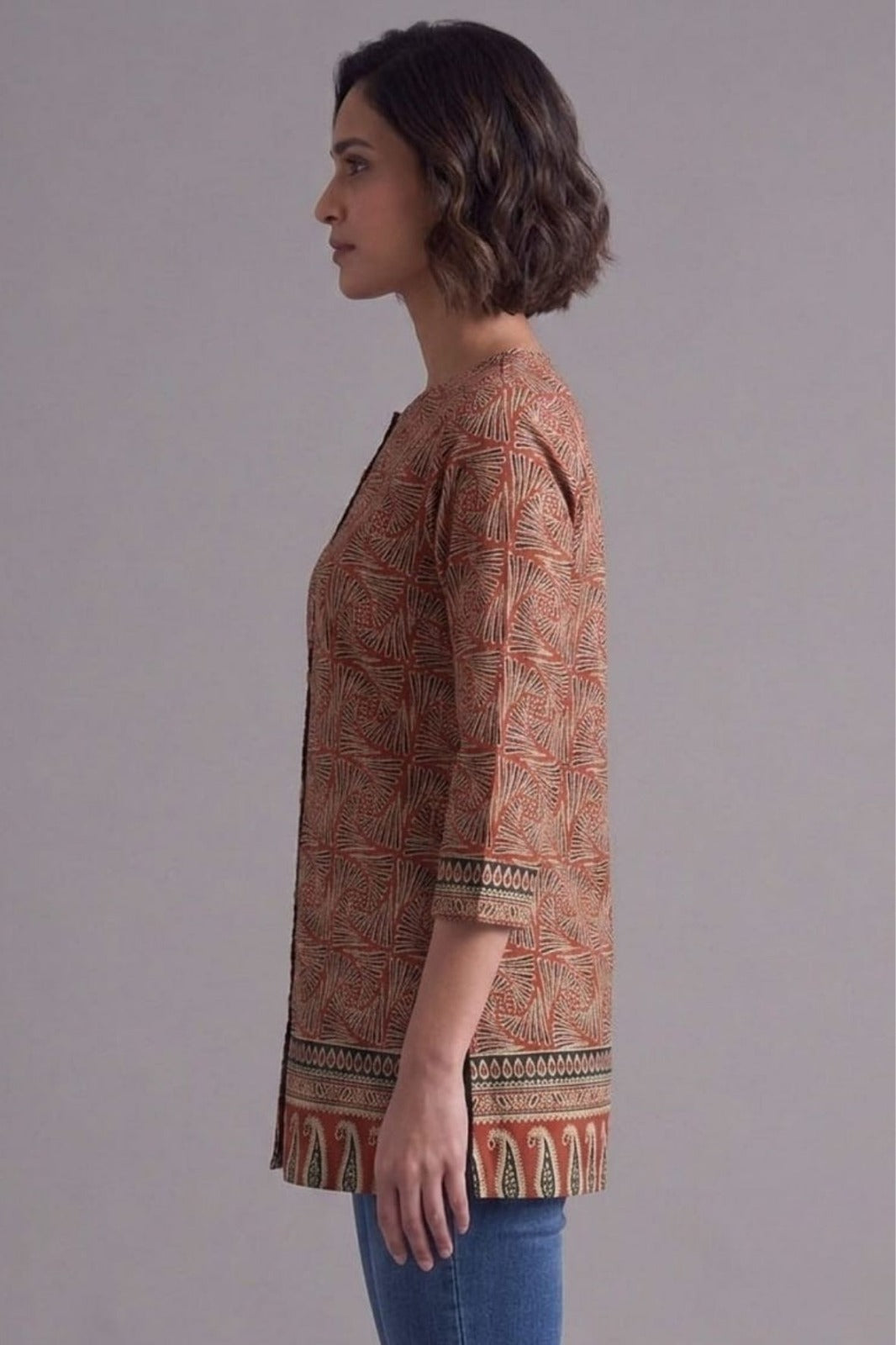 Terracotta Leaf Print Straight Kurti