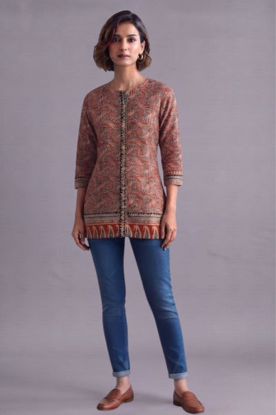 Terracotta Leaf Print Straight Kurti