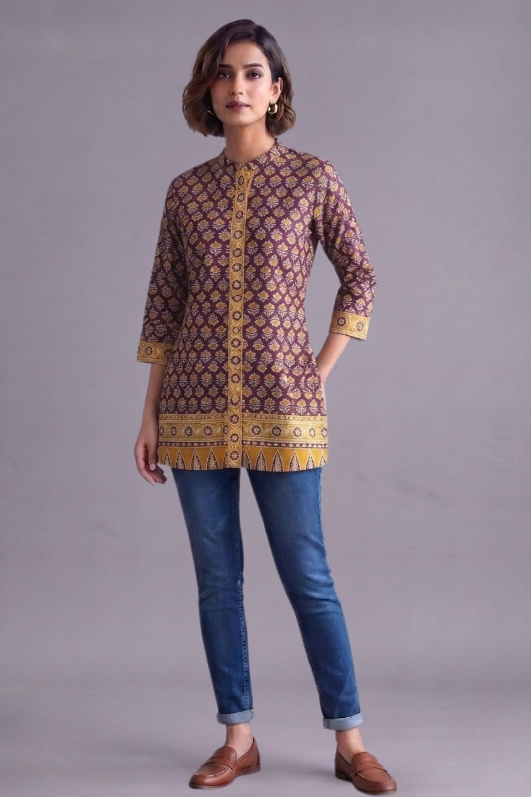 Mauve Buta Print Straight Kurti