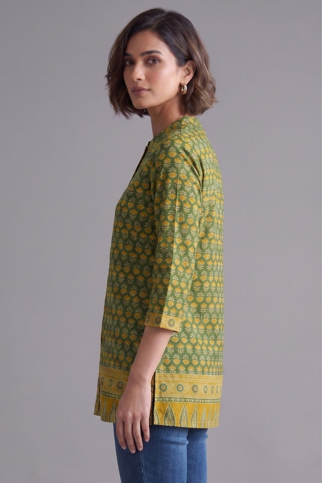 Green Floral Print Cotton Straight Kurti