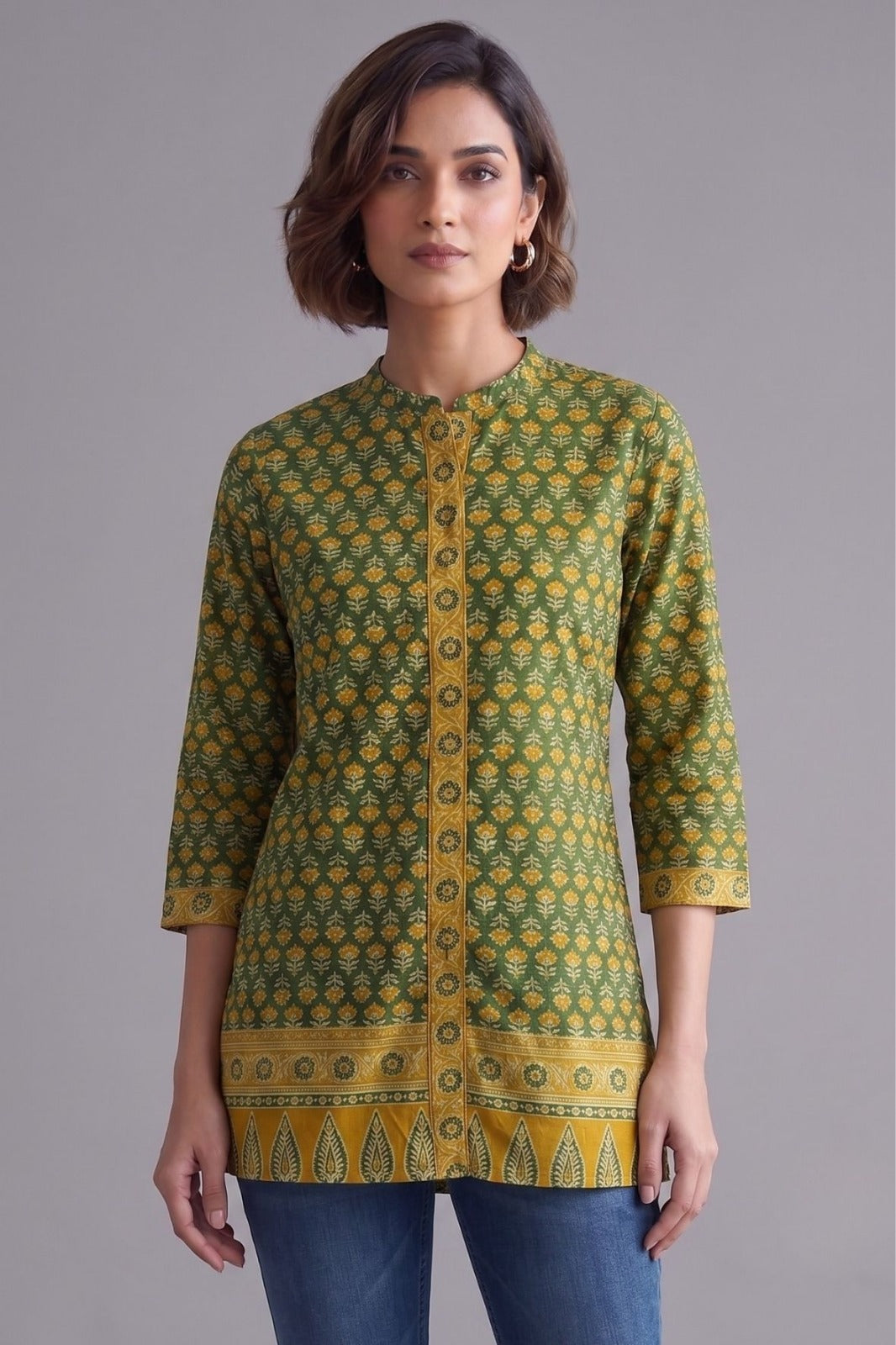 Green Floral Print Cotton Straight Kurti