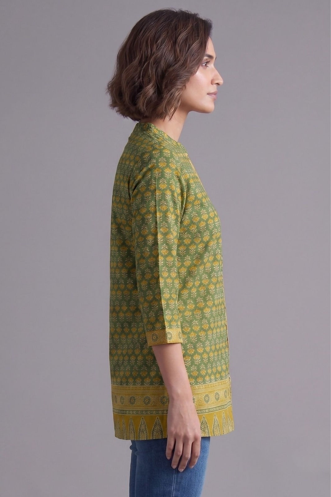 Green Floral Print Cotton Straight Kurti