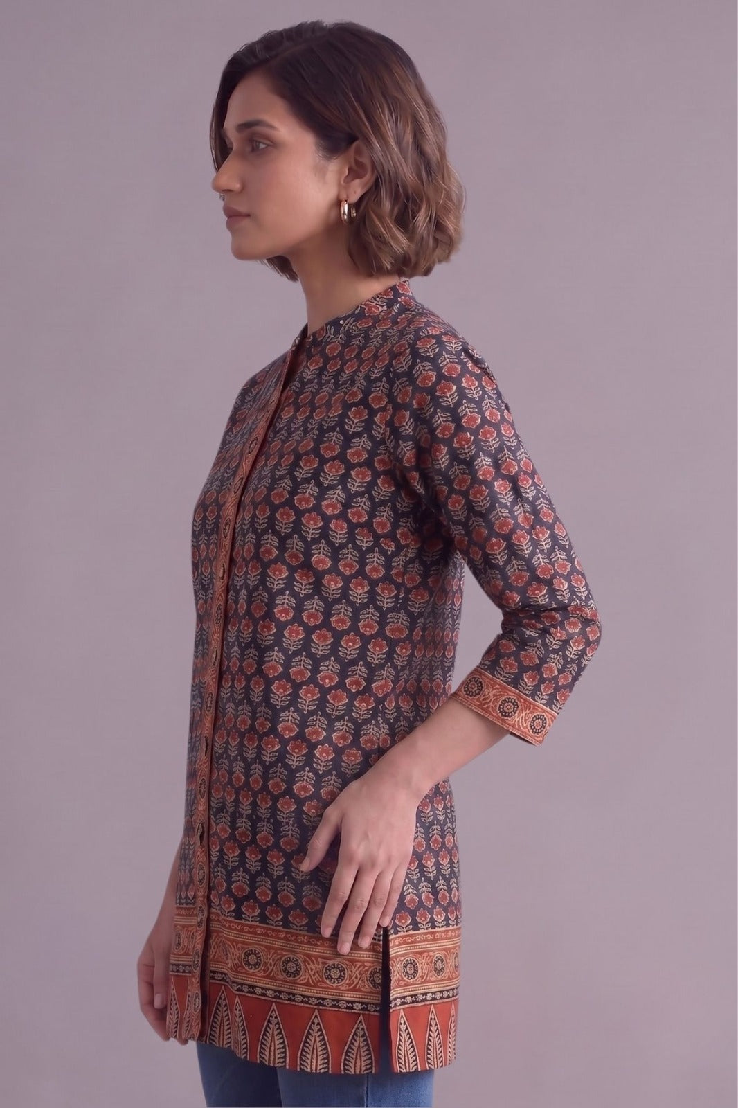 Navy blue ethnic motif cotton kurti