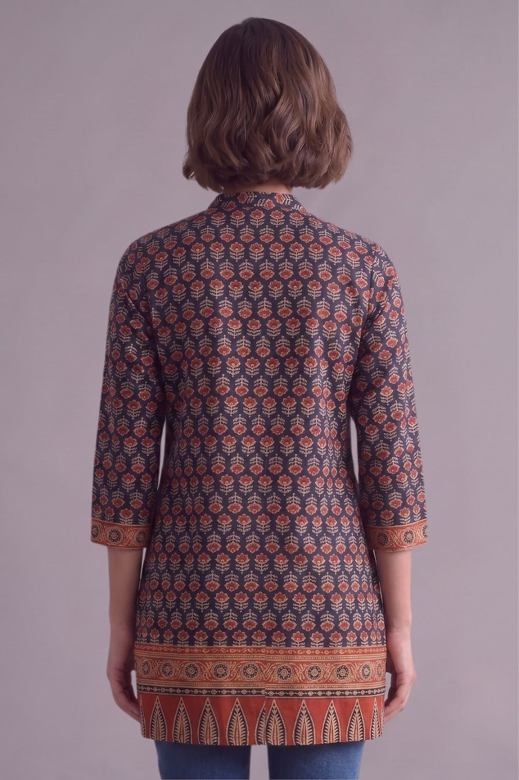Navy blue ethnic motif cotton kurti