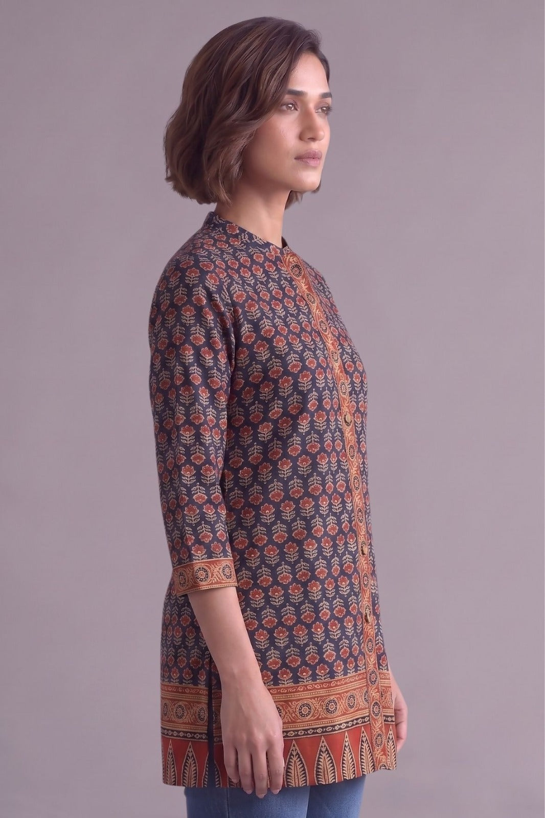 Navy blue ethnic motif cotton kurti
