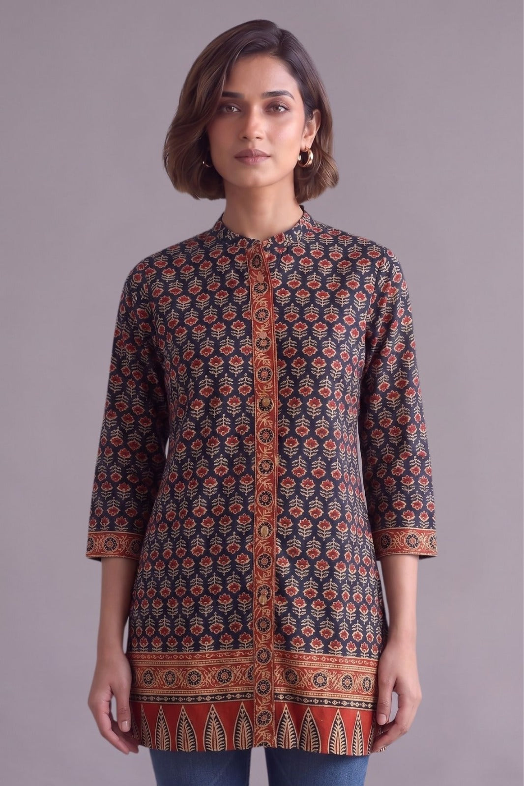 Navy blue ethnic motif cotton kurti