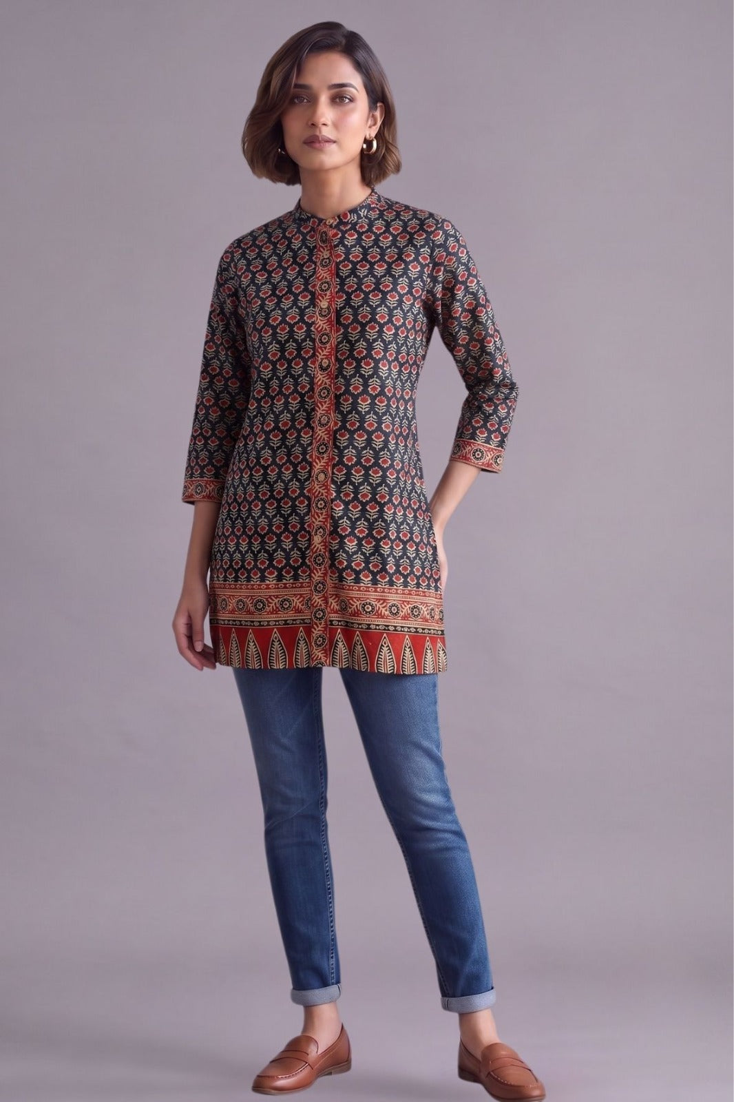 Navy blue ethnic motif cotton kurti