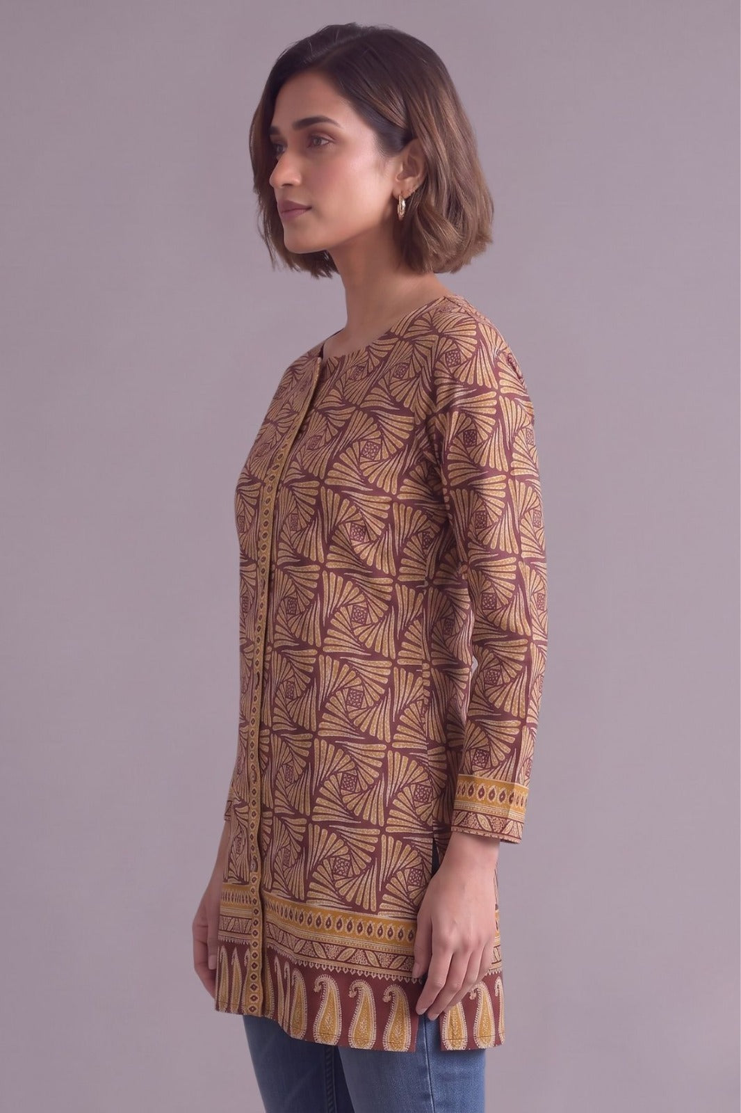 Coffee brown round neck cotton kurti