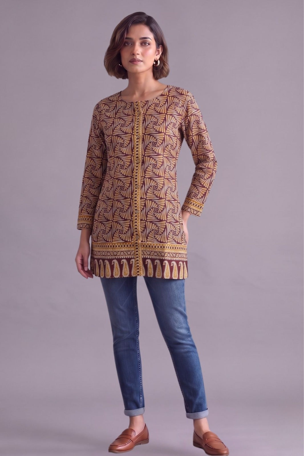 Coffee brown round neck cotton kurti