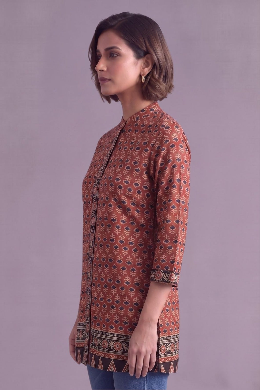 Rust brown Ajrakh Print Cotton straight kurti