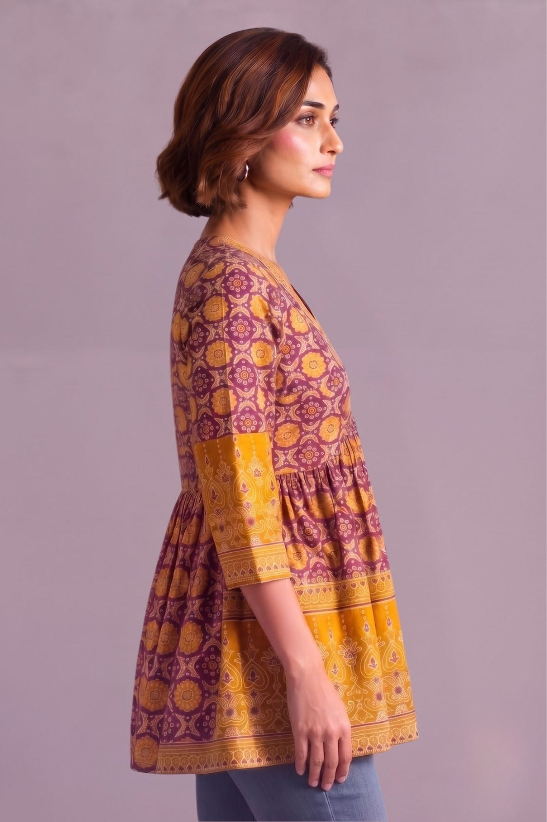 Mustard bloom printed cotton V neck kurti