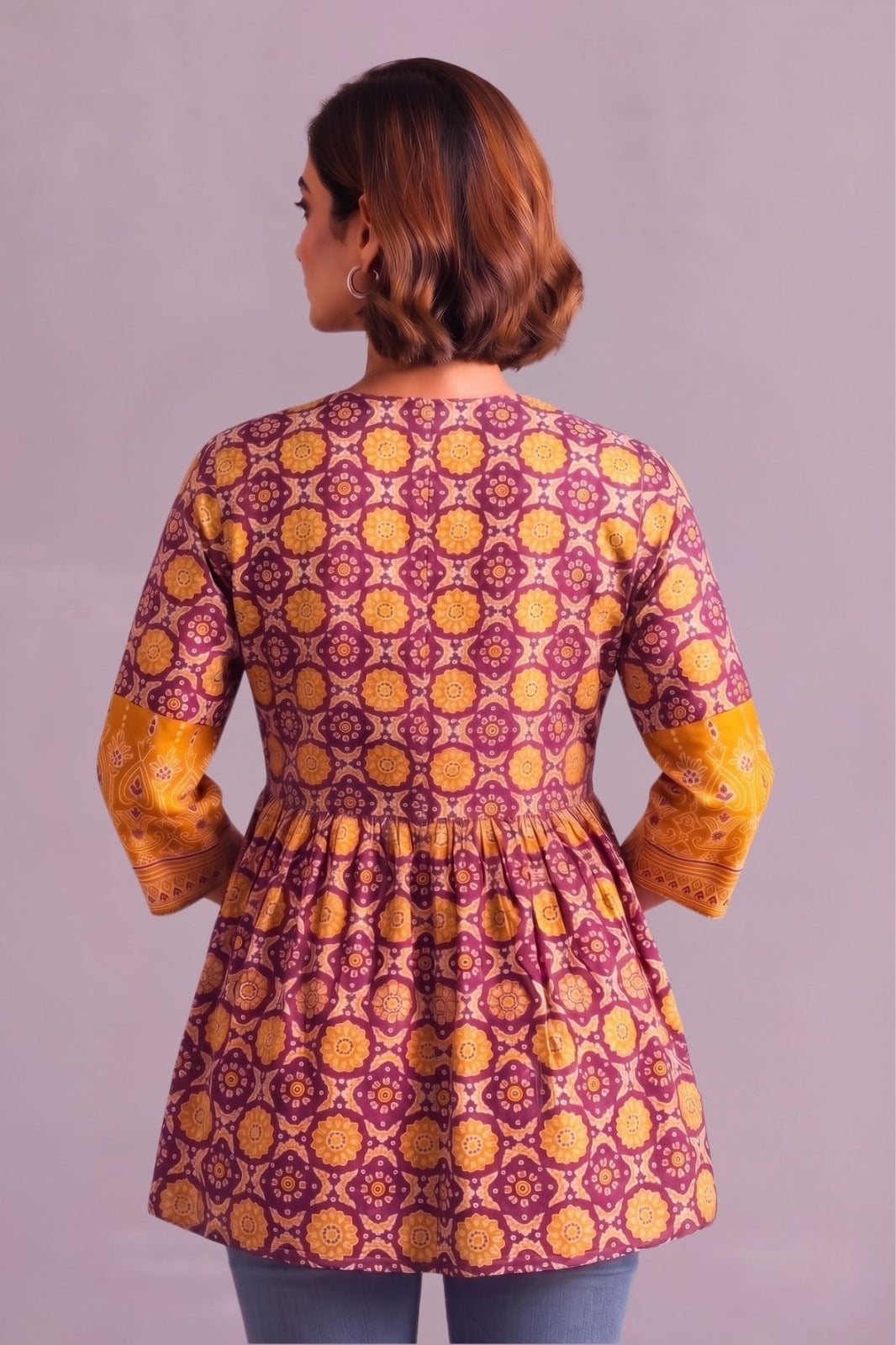 Mustard bloom printed cotton V neck kurti