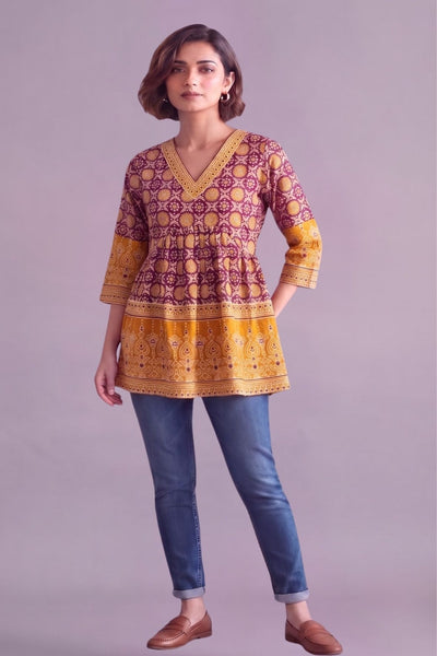 Mustard bloom printed cotton V neck kurti
