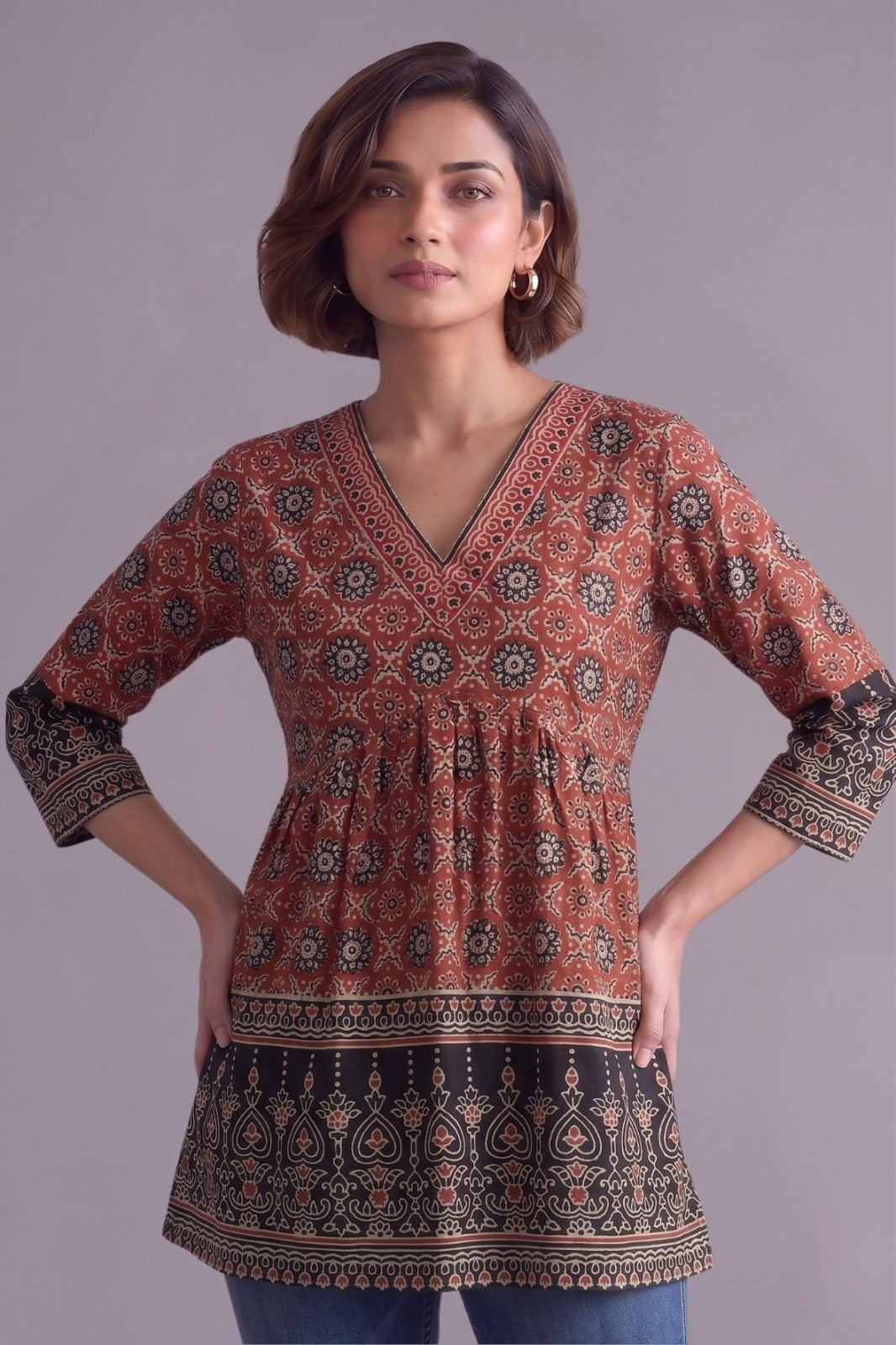 Ethnic rust border cotton V neck kurti