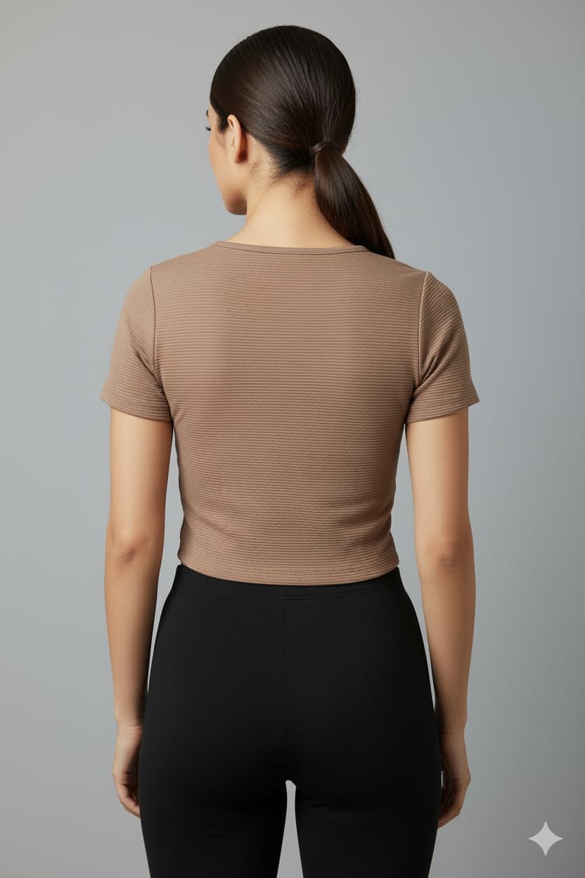 Brown Ribbed Crop Top for Women