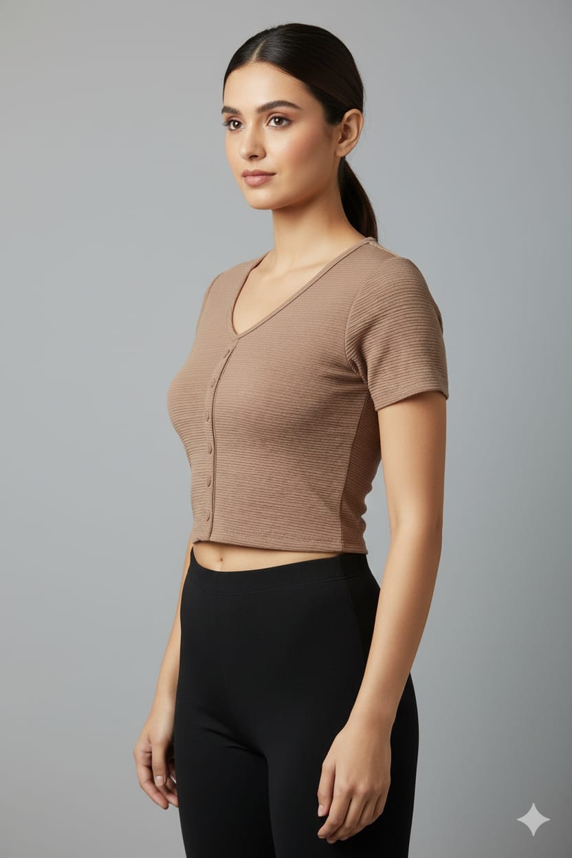Brown Ribbed Crop Top for Women
