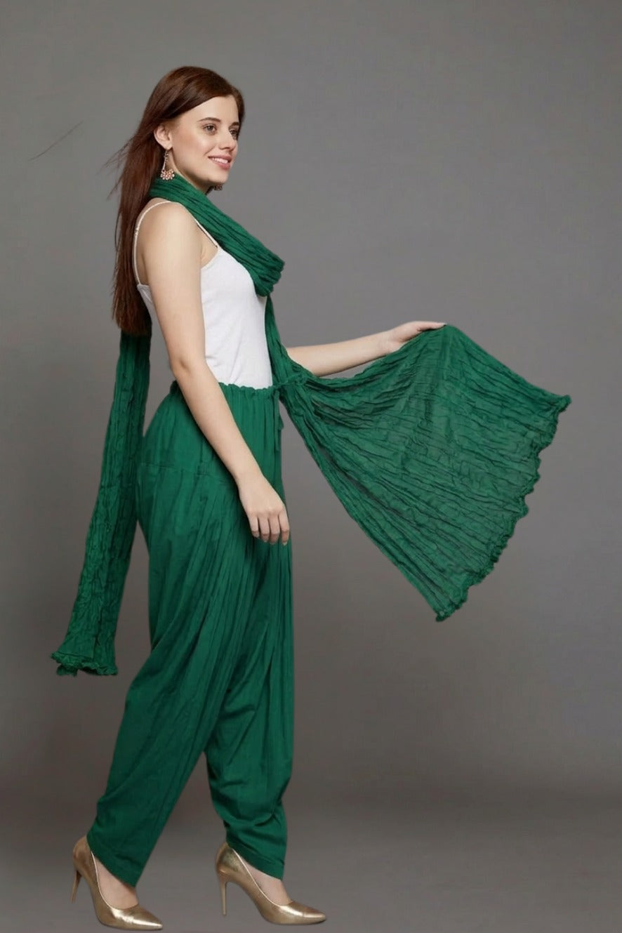 Bottle Green Plain  Cotton Patiala with Dupatta