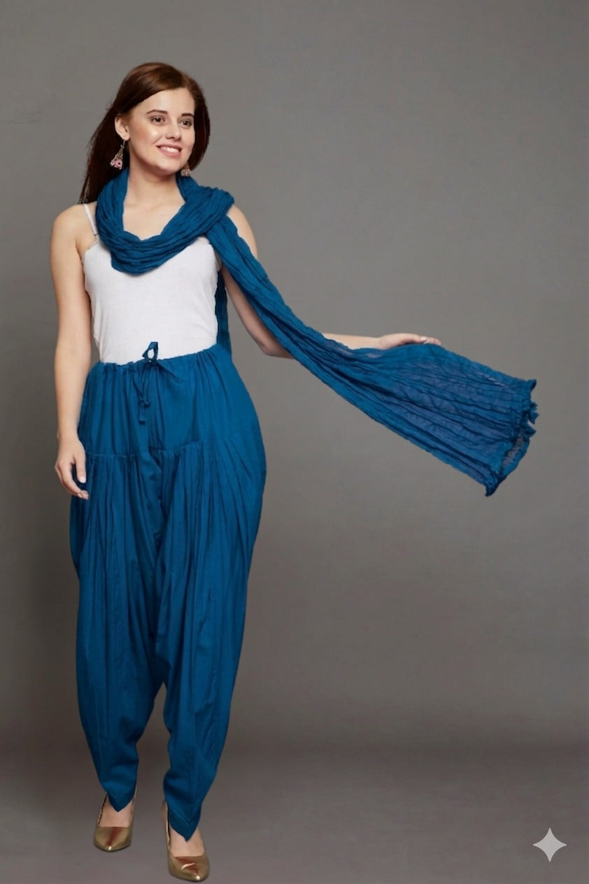 Peacock Blue Plain  Cotton Patiala with Dupatta
