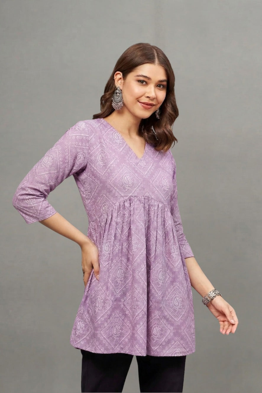 Lavender Block Printed V-neck Cotton Kurti for Women