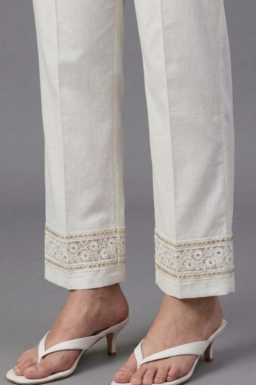 Ivory Floral Threadwork Cotton Flex Lace Pants