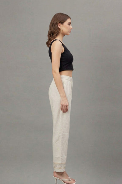 Ivory Floral Threadwork Cotton Flex Lace Pants
