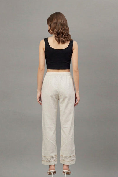 Ivory Floral Threadwork Cotton Flex Lace Pants
