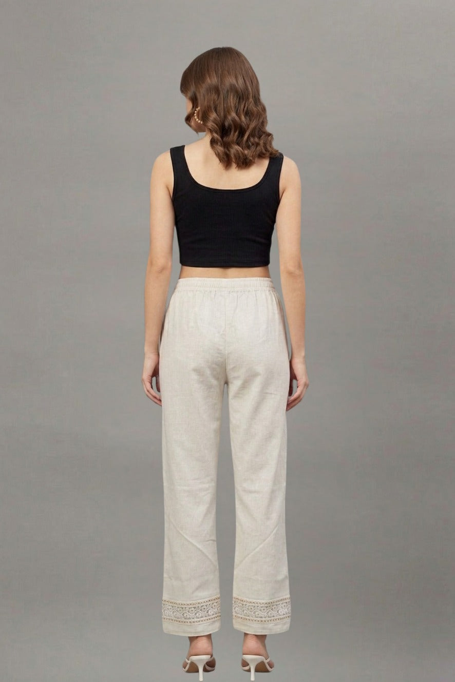 Ivory Floral Threadwork Cotton Flex Lace Pants