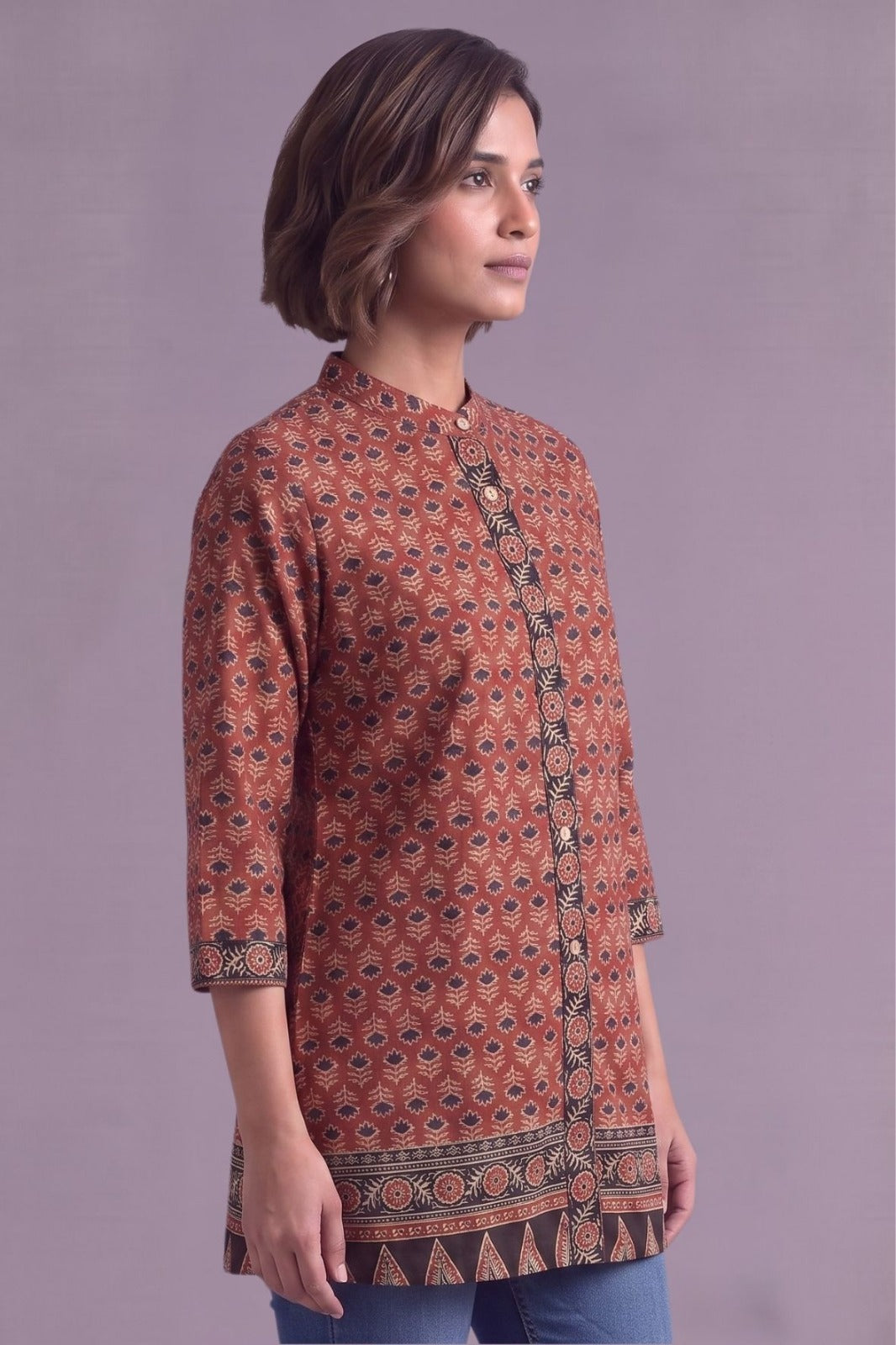 Rust brown Ajrakh Print Cotton straight kurti