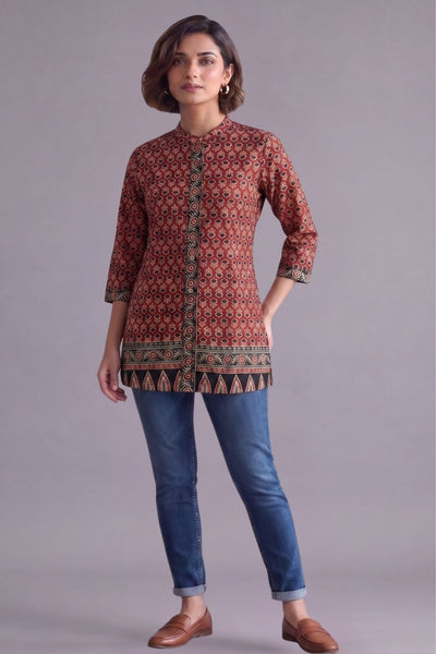 Rust brown Ajrakh Print Cotton straight kurti