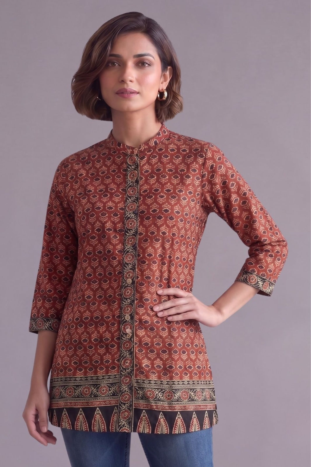 Rust brown Ajrakh Print Cotton straight kurti